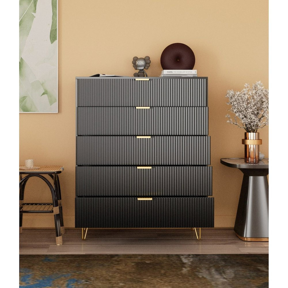 5-Drawer Chest in MDF Wood with Gold Metal Legs and Handles in Black Color