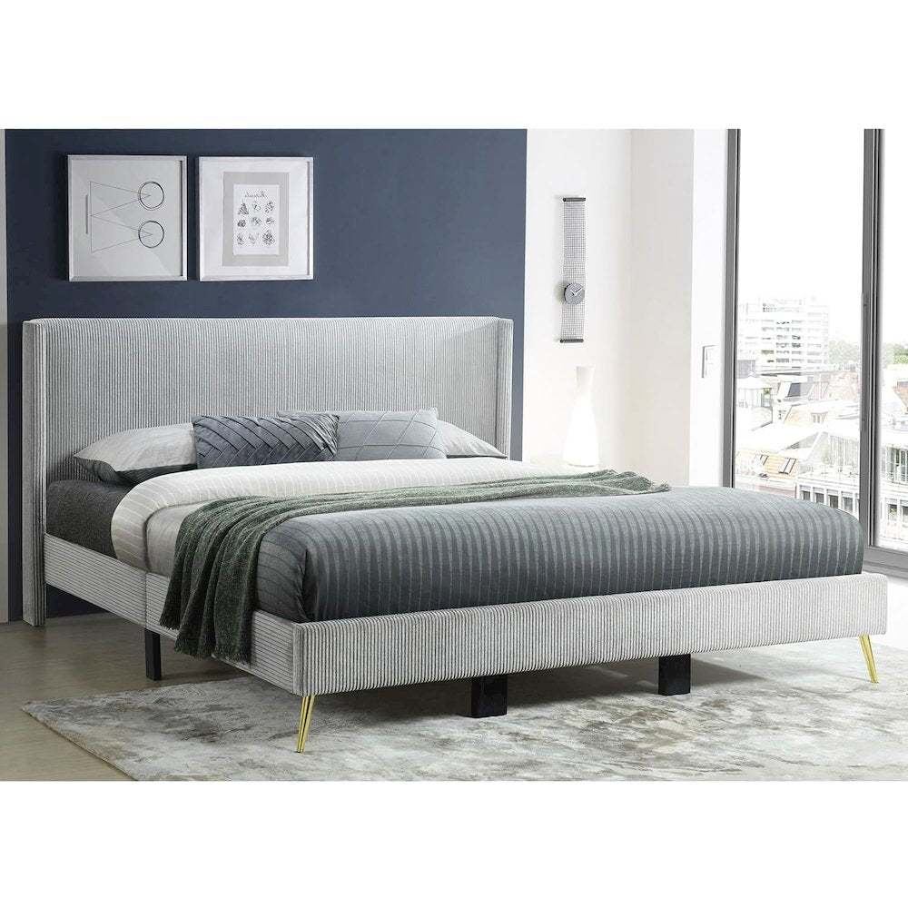 Solid Wood Platform Bed with Corduroy Upholstery and Gold Metal Legs