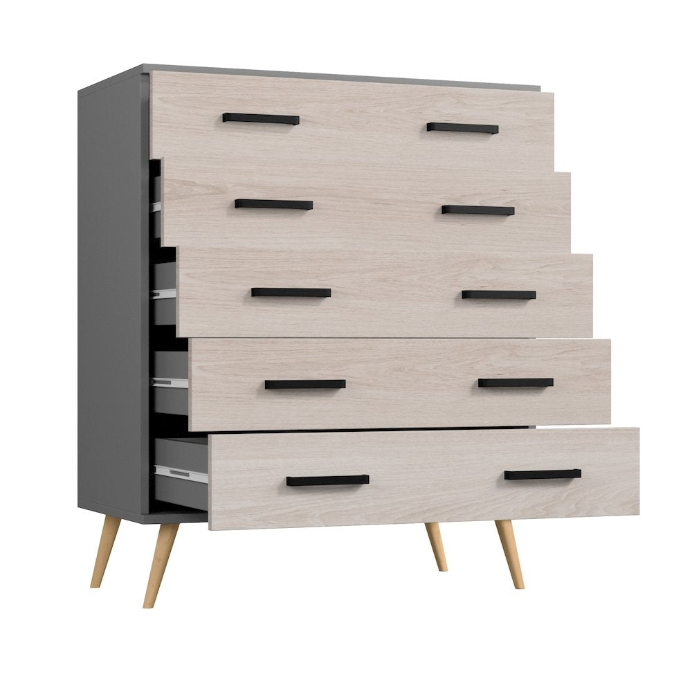 Eli Mid-Century Modern 5 Drawer Chest in Dark Gray & Honey Oak Color