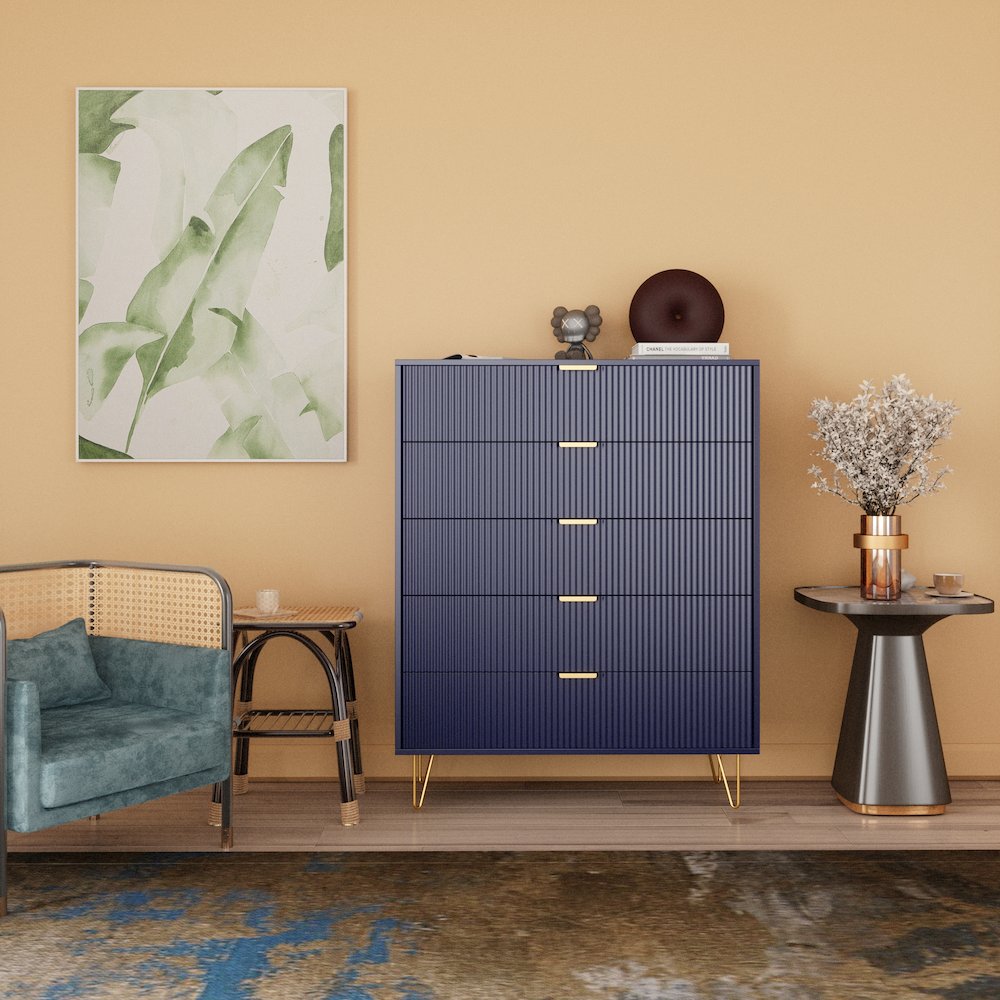 5-Drawer Chest in MDF Wood with Gold Metal Legs and Handles. (Blue)