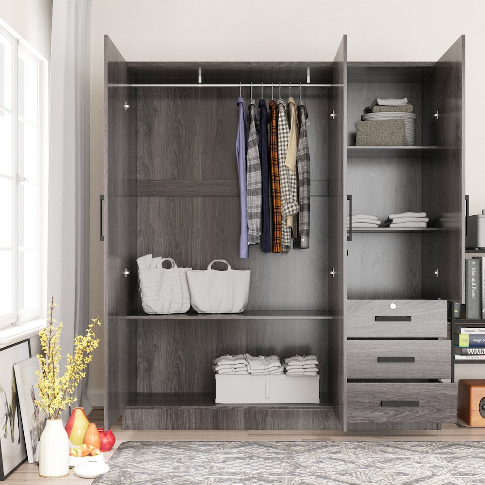 61"Wide Armoire Wardrobe Closet For Hanging With 3 Drawers & Shelves