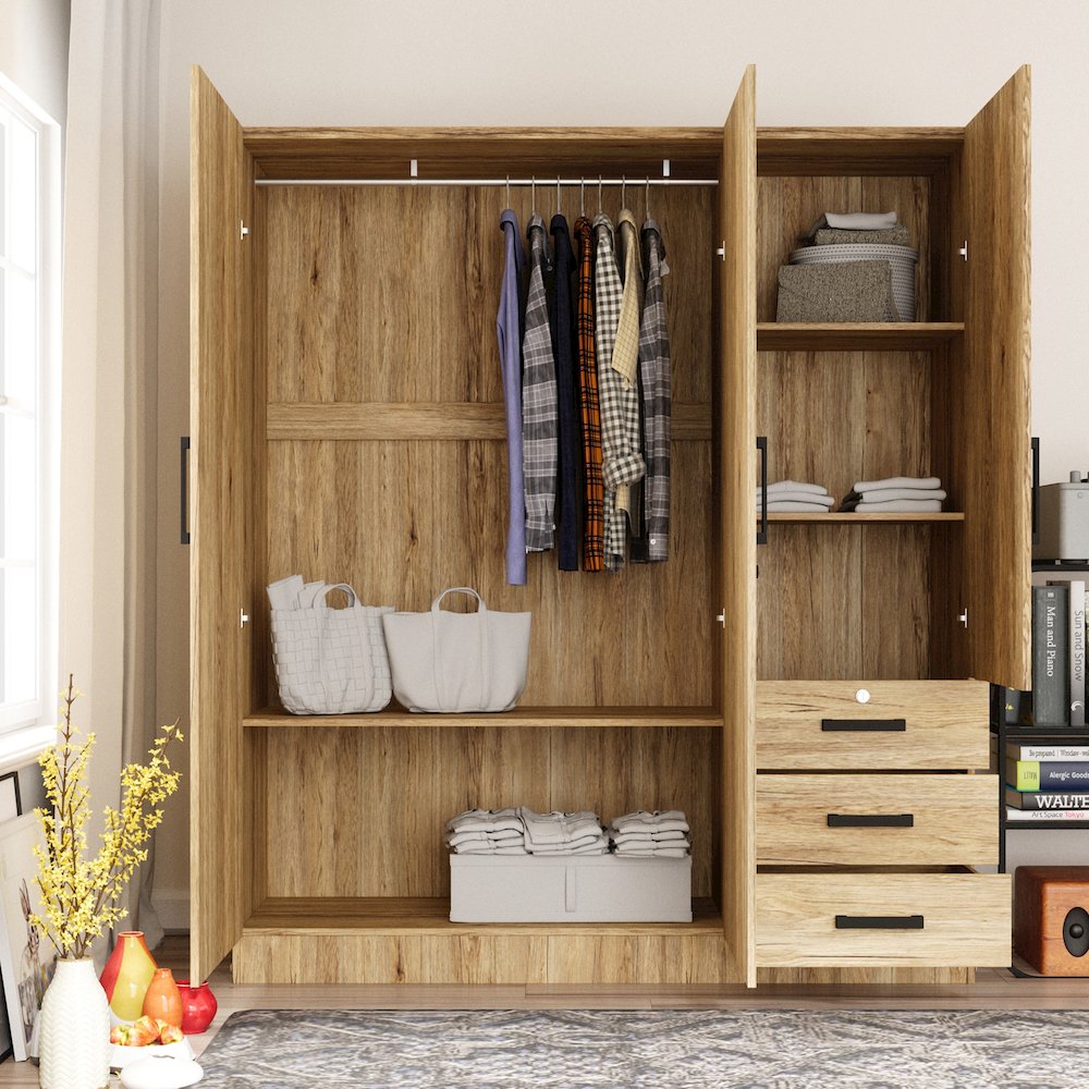 61"Wide Armoire Wardrobe Closet For Hanging With 3 Drawers & Shelves