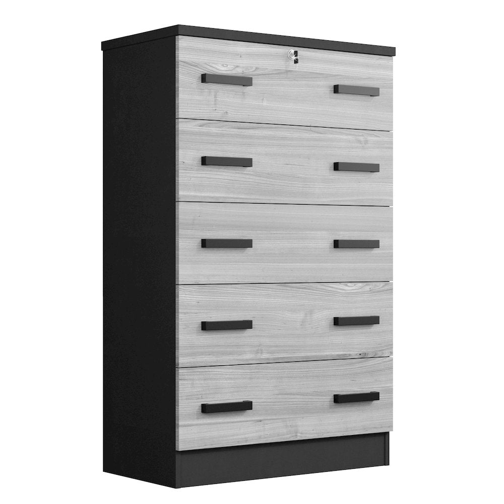 Better Home Products Cindy 5 Drawer Chest Wooden Dresser with Lock in Ebony