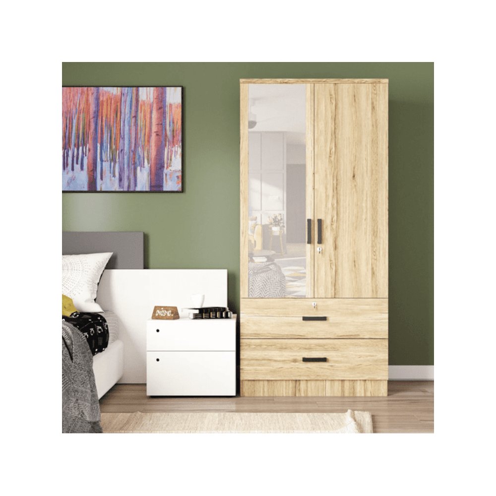 Mirrored 2 Door Wardrobe & 2 Drawers in Multi Color