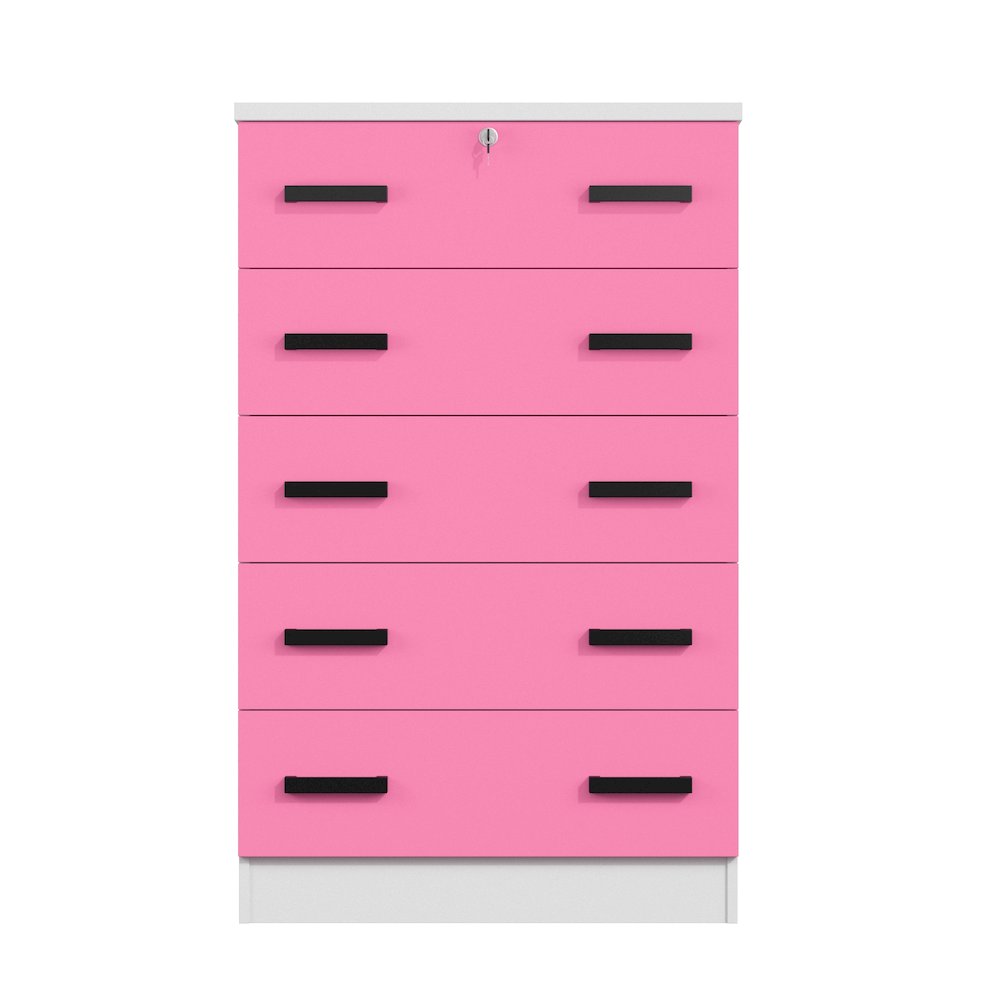 Cindy 5 Drawer Chest Wooden Dresser with Lock (White and Pink)