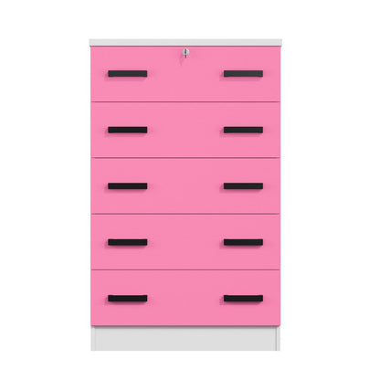Cindy 5 Drawer Chest Wooden Dresser with Lock (White and Pink)