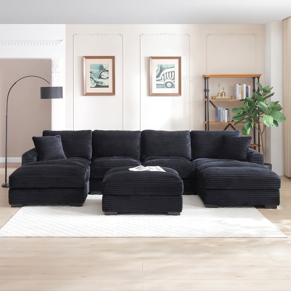Scarlet Corduroy U-Shaped Double Chaise Sectional Sofa and Ottoman