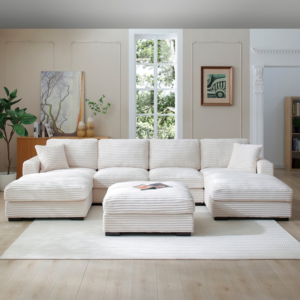Scarlet Corduroy U-Shaped Double Chaise Sectional Sofa and Ottoman