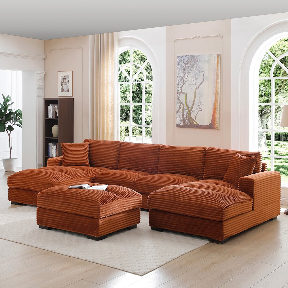 Scarlet Corduroy U-Shaped Double Chaise Sectional Sofa and Ottoman