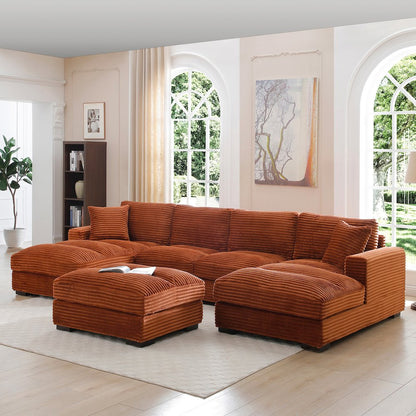 Scarlet Corduroy U-Shaped Double Chaise Sectional Sofa and Ottoman