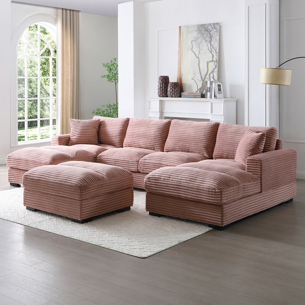Scarlet Corduroy U-Shaped Double Chaise Sectional Sofa and Ottoman