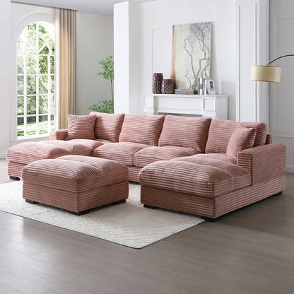 Scarlet Corduroy U-Shaped Double Chaise Sectional Sofa and Ottoman