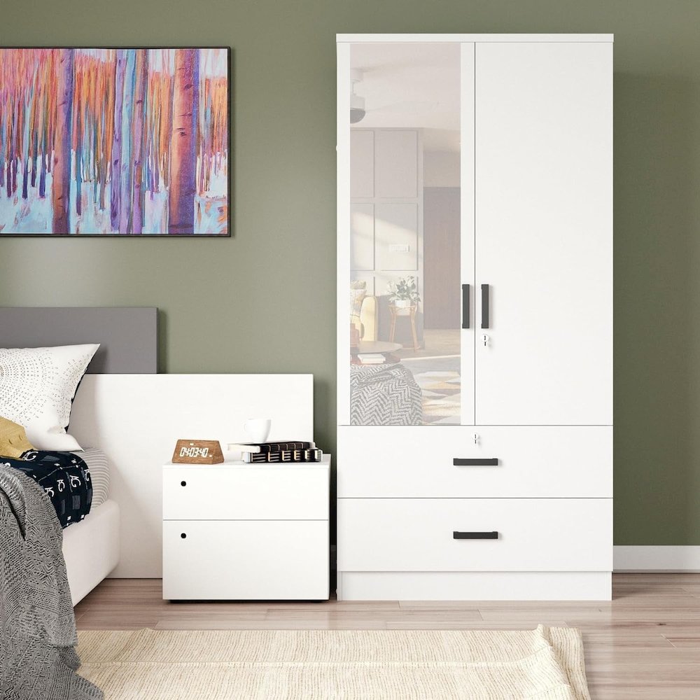 Mirrored 2 Door Wardrobe & 2 Drawers in White Color