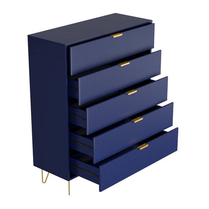 5-Drawer Chest in MDF Wood with Gold Metal Legs in Blue Color