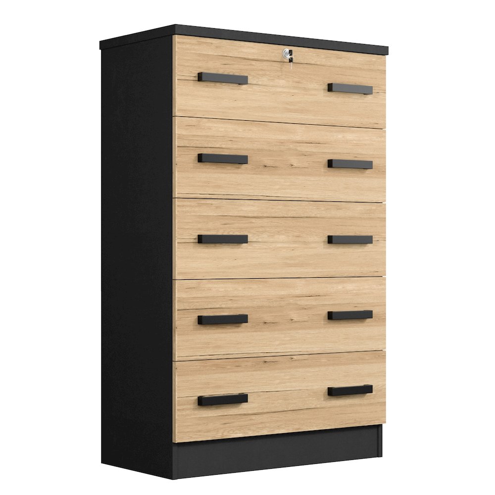 Cindy 5 Drawer Chest Wooden Dresser with Lock (Dark Grey & Natural Oak)