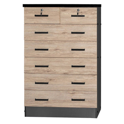 7 Drawer Chest Wooden Dresser with Lock (Natural Oak + Dark Gray)