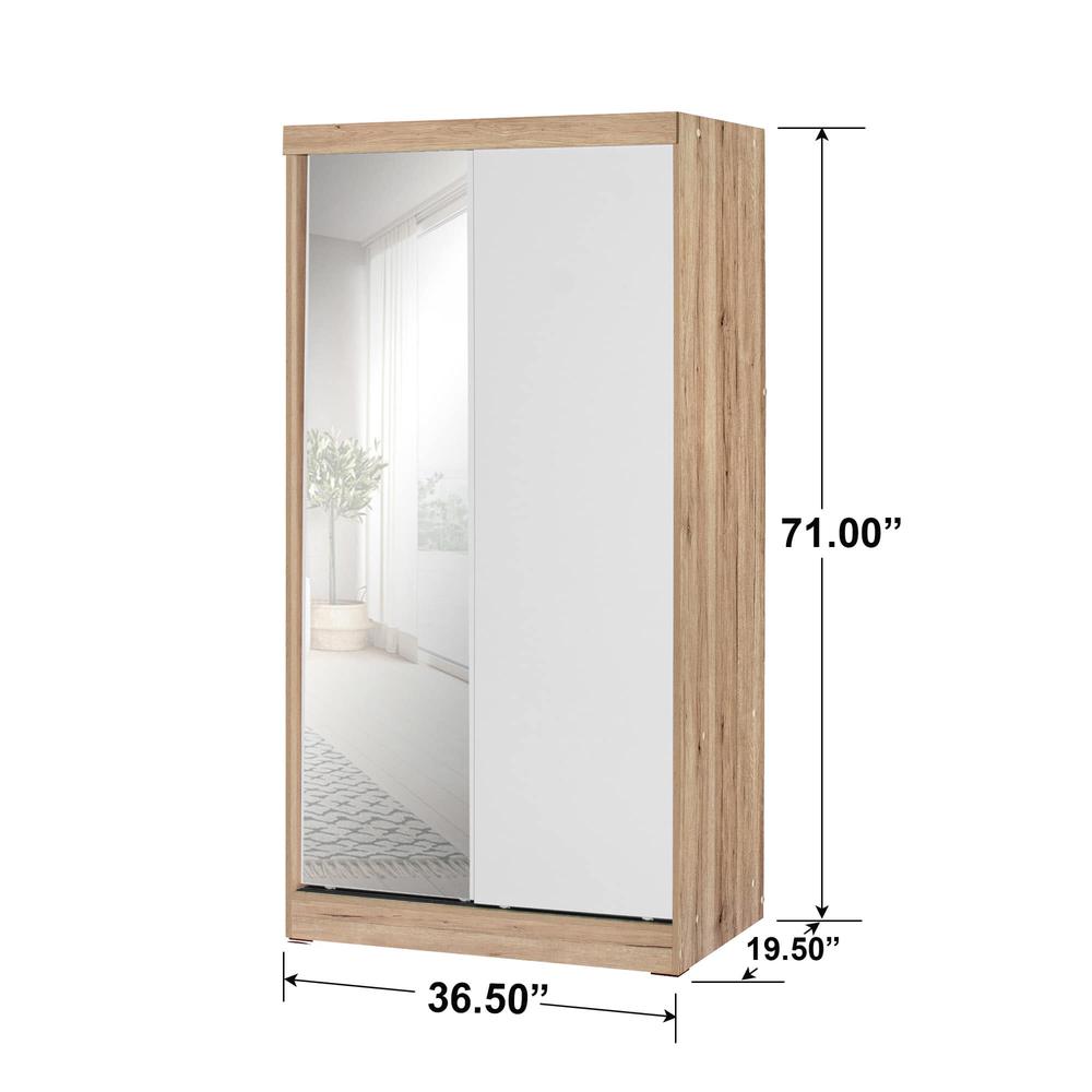 Better Home Products Mirror Wood Double Sliding Door Wardrobe White /Natural Oak