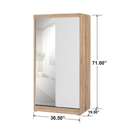 Better Home Products Mirror Wood Double Sliding Door Wardrobe White /Natural Oak