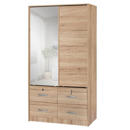 Better Home Products Sarah Double Sliding Door Armoire with Mirror Natural Oak
