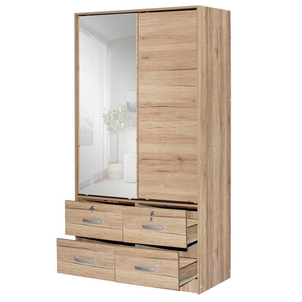 Better Home Products Sarah Double Sliding Door Armoire with Mirror Natural Oak