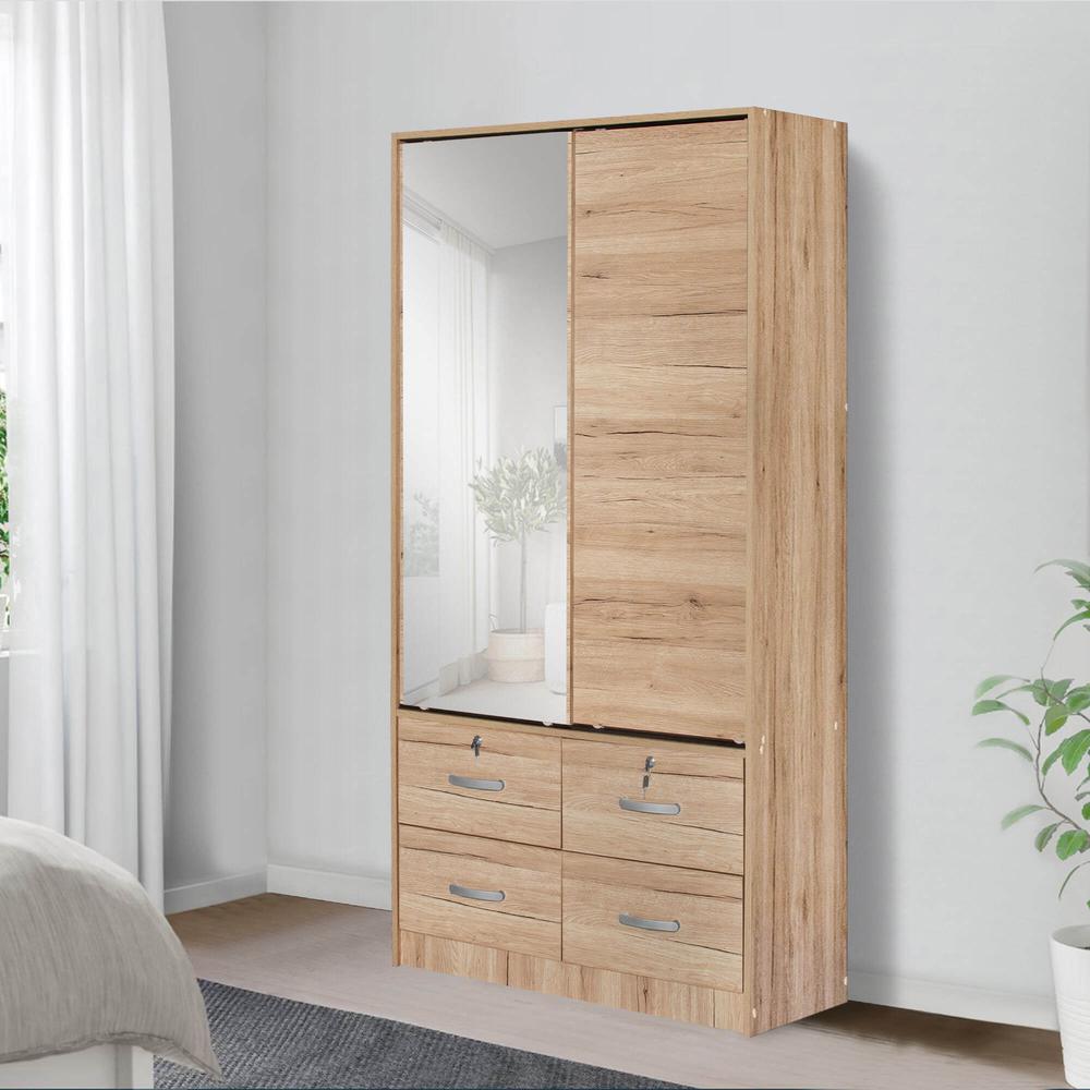 Better Home Products Sarah Double Sliding Door Armoire with Mirror Natural Oak