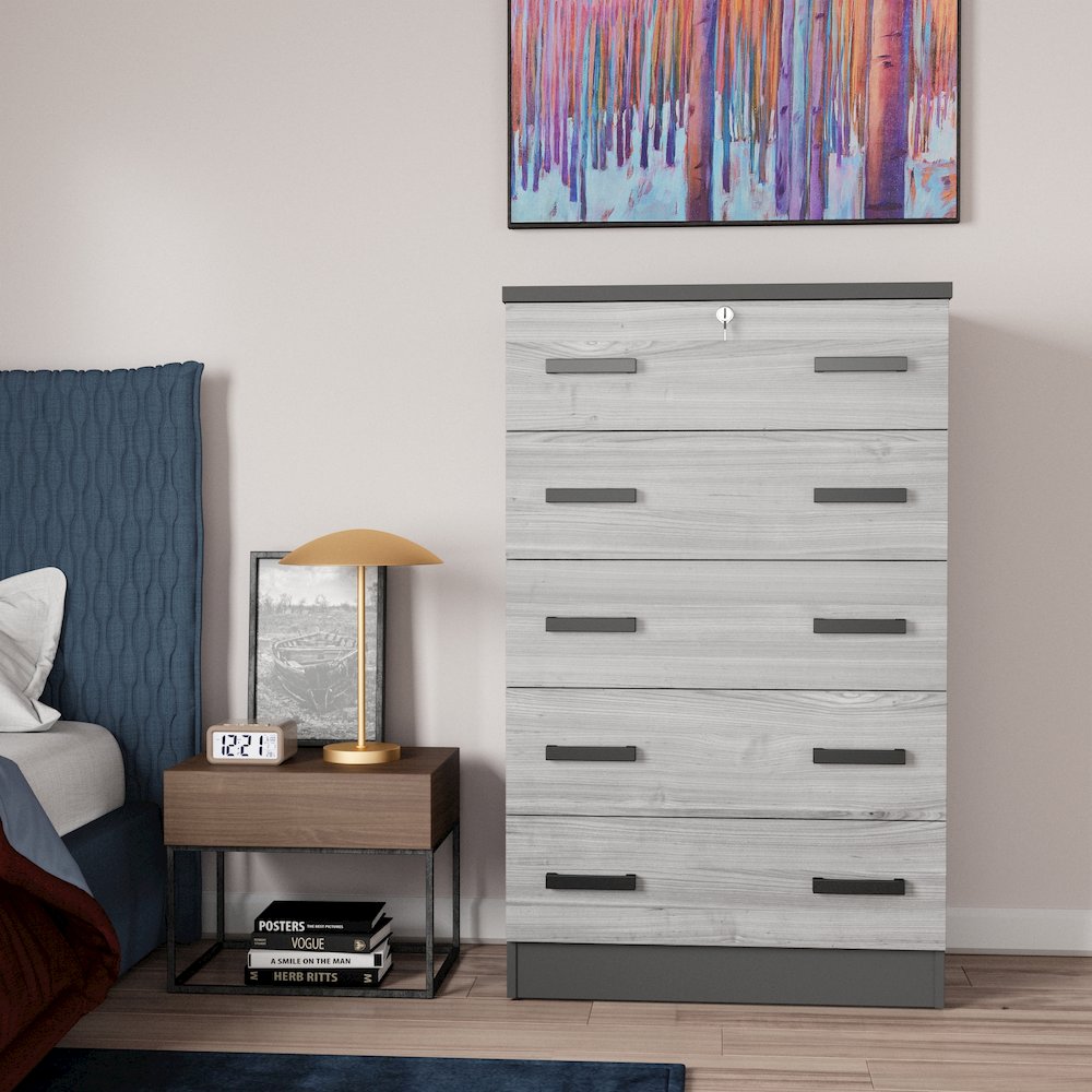 Better Home Products Cindy 5 Drawer Chest Wooden Dresser with Lock in Ebony