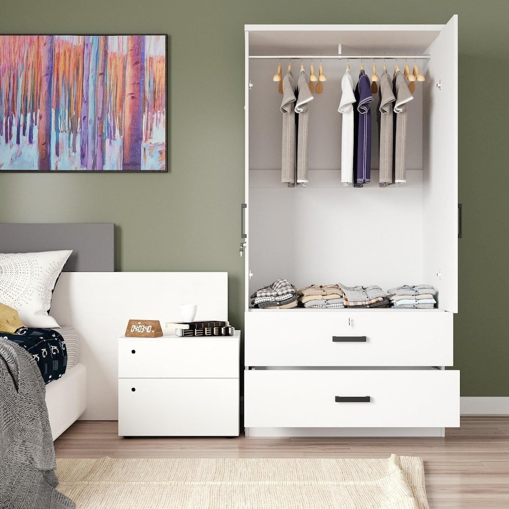 Mirrored 2 Door Wardrobe & 2 Drawers in White Color