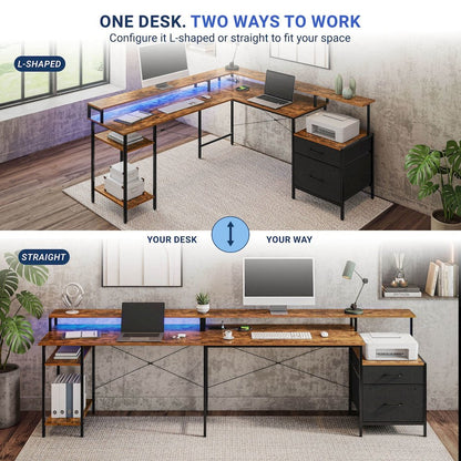 Convertible Straight/L-Shaped Desk, LED Lights & Fabric Drawers, 3 Power Outlets