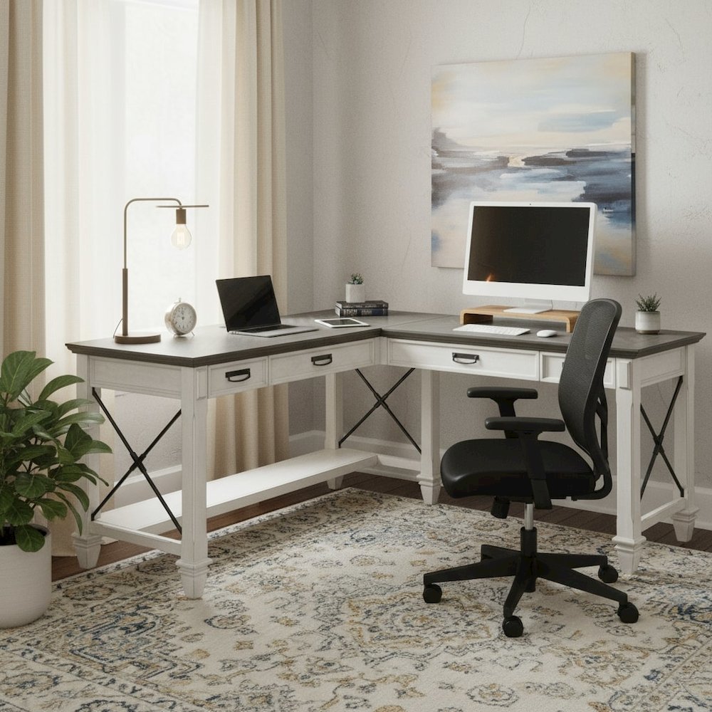 Wood Open L-Desk and Return, 4 Drawers, Power Center, White