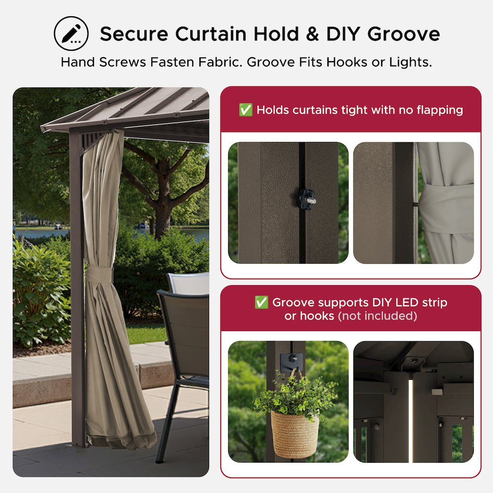 10 ft x 10 ft Hardtop Gazebo with Steel Roof, Brown Aluminum Frame