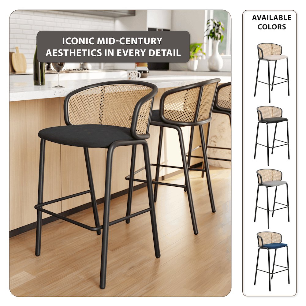 Ervilla Mid-Century Modern Wicker Bar Stool in Black
