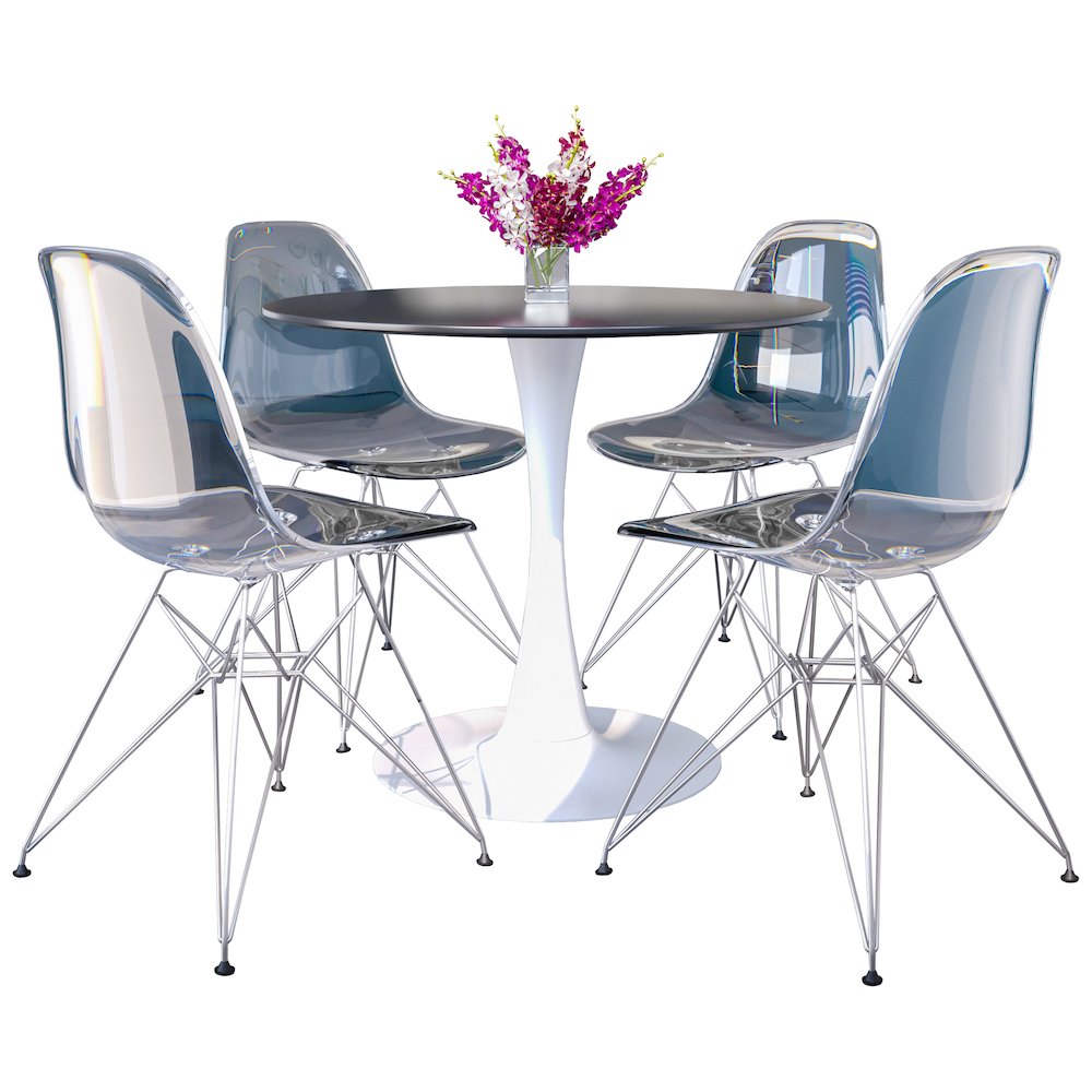 5-Piece Dining Set 35" Round Dining Table in Chrome - Clear