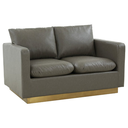 Nervo Modern Mid-Century Upholstered Leather Loveseat with Gold Frame