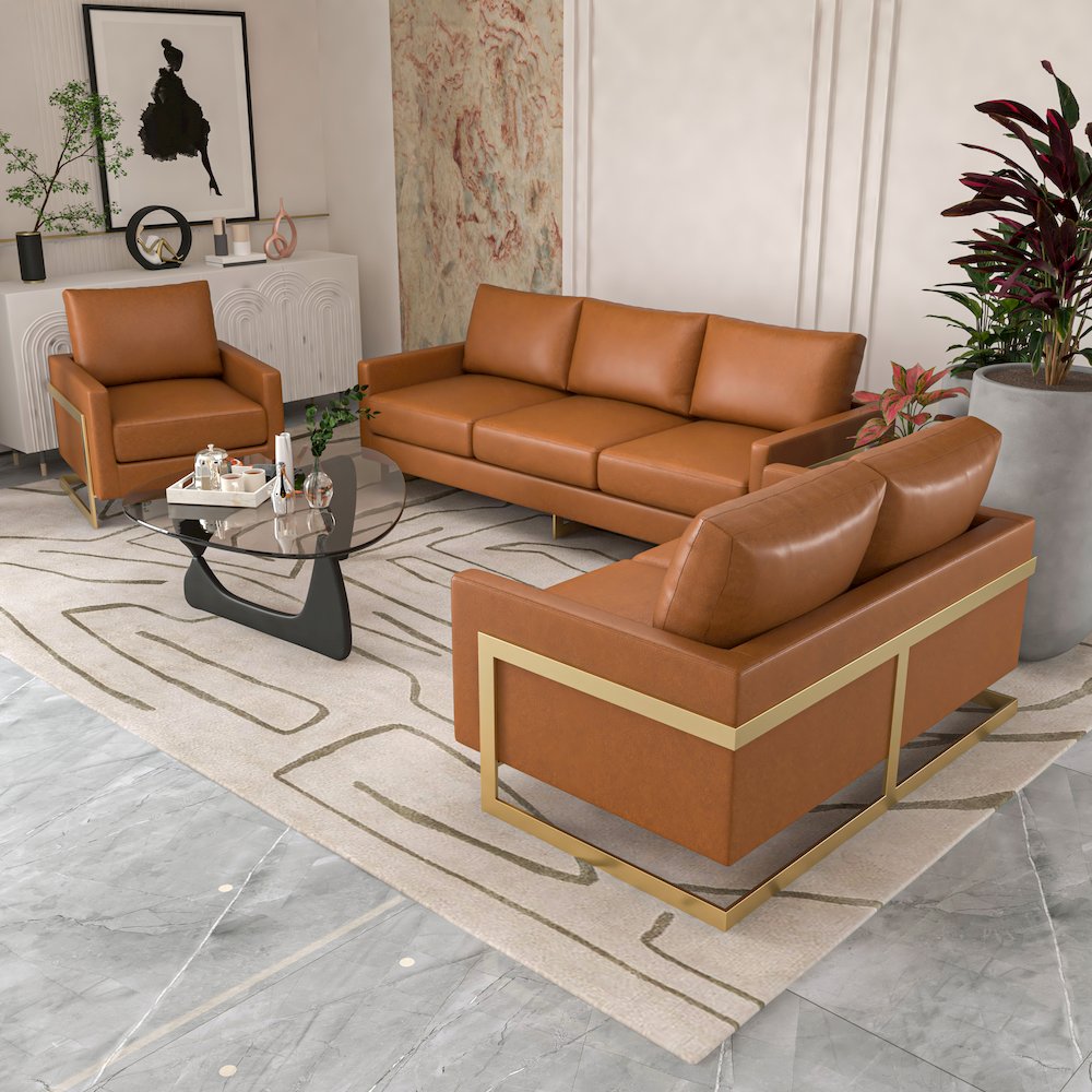 Lincoln Modern Mid-Century Upholstered Leather Loveseat with Gold Frame