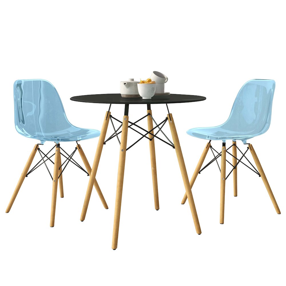 Dover 3-Piece Dining Set with Round Black MDF Top Bistro Table in Blue