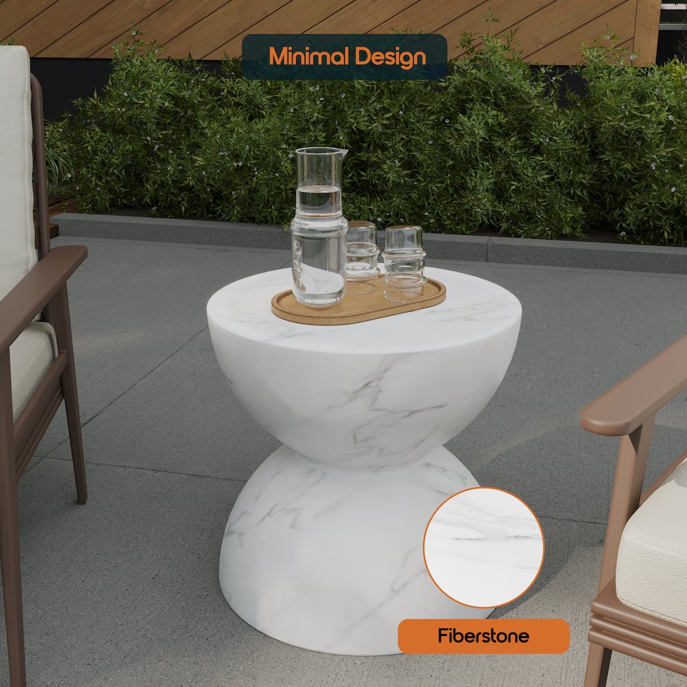 Sage Collection Fiberglass Outdoor Side Table in Marbled White