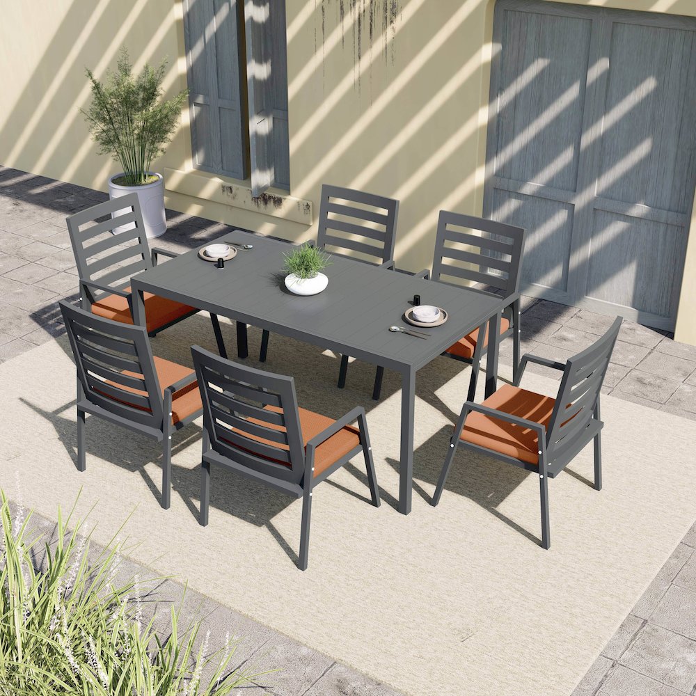 Chelsea 7-Piece Patio Dining Set 78-118" Wide Dining Armchair in Orange