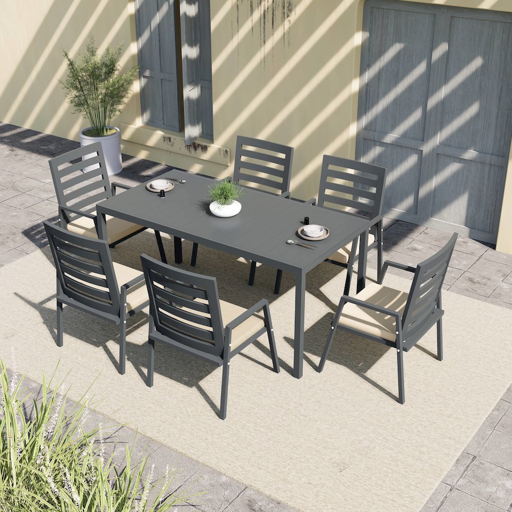 Chelsea 7-Piece Patio Dining Set 78-118" Wide Dining Armchair in Beige
