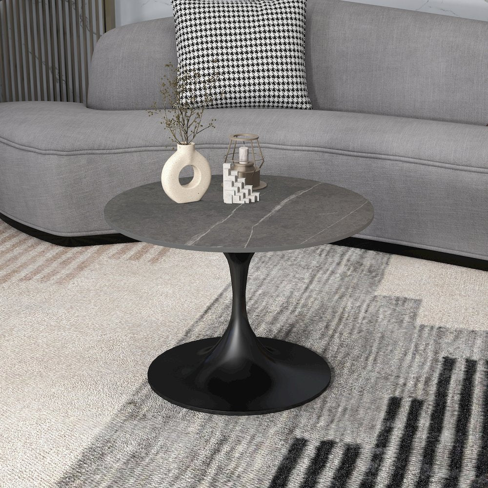 Verve Coffee Table Black base with 27" round Grey Sintered Stone top