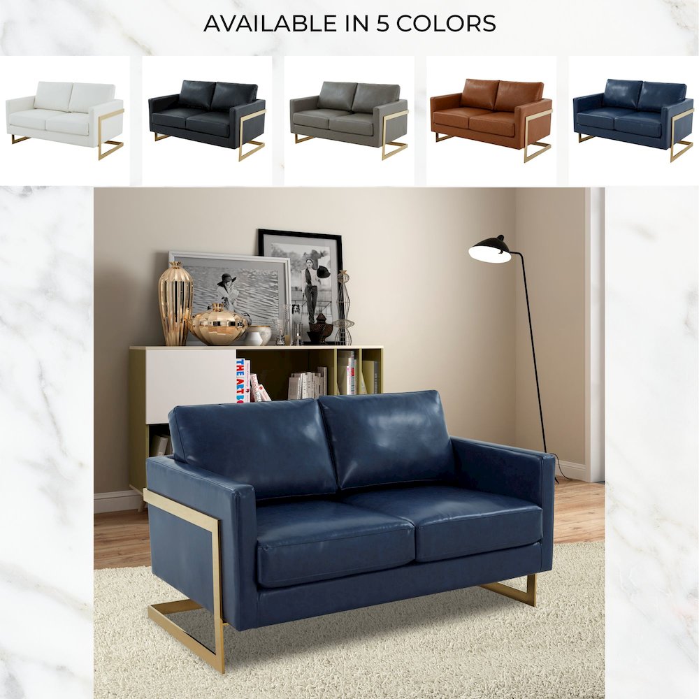 Lincoln Modern Mid-Century Upholstered Leather Loveseat with Gold Frame