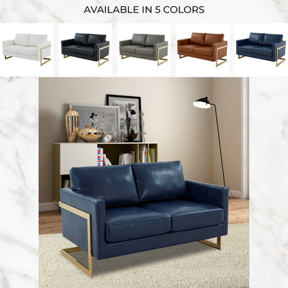 Lincoln Modern Mid-Century Upholstered Leather Loveseat with Gold Frame
