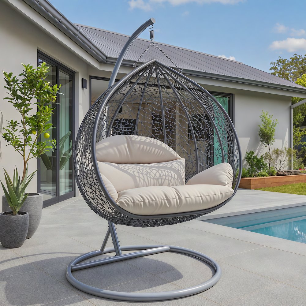Recluse Collection Modern Outdoor Swing Chair Grey Frame with ES57 Beige Cushion