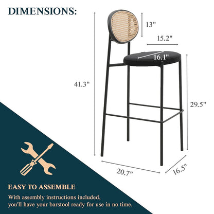 Euston Modern Wicker Bar Stool With Black Steel Frame, Set of 2 in Black