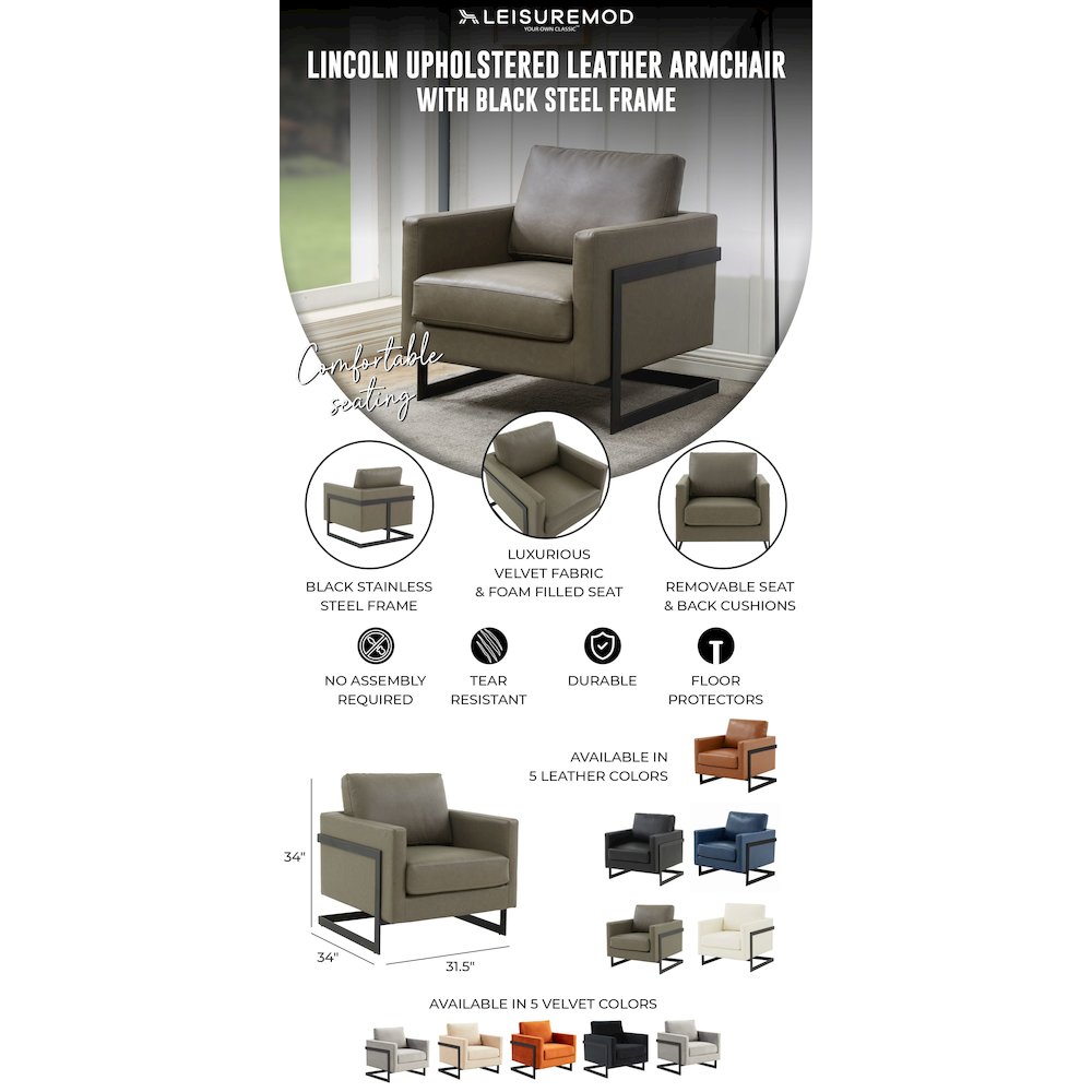 Lincoln Leather Accent Armchair With Black Steel Frame in Grey