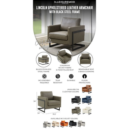 Lincoln Leather Accent Armchair With Black Steel Frame in Grey