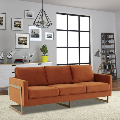 Lincoln Modern Mid-Century Upholstered Velvet Sofa with Gold Frame