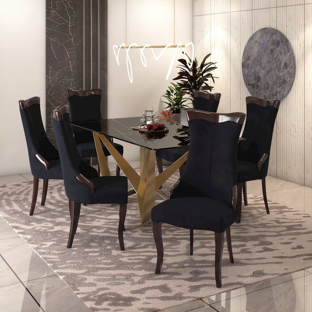 Novara Collection Modern Wooden Dining Chair in Black Velvet Set of 2