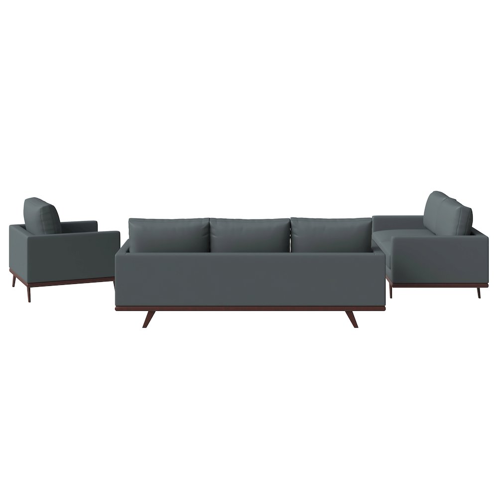 Chester 3-Piece Leather Living Room Sofa Set with Birch Wood Base Grey