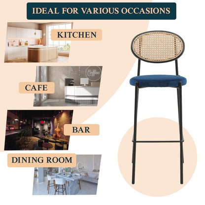 Euston Modern Wicker Bar Stool With Black Steel Frame in Navy Blue
