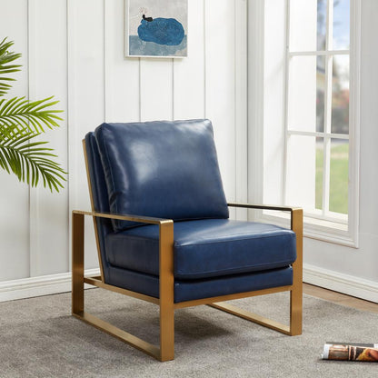 LeisureMod Jefferson Leather Modern Design Accent Armchair With Elegant Gold Frame, Navy Blue